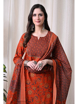 Meera Fab - Rust Floral Regular Cotton Kurta with Pant and Dupatta
