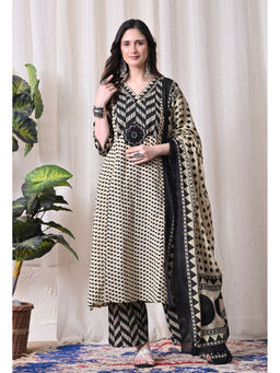 Meera Fab - Black Printed Regular Cotton Kurta with Pant and Dupatta