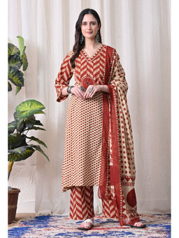 Meera Fab - Rust Printed Regular Cotton Kurta with Pant and Dupatta