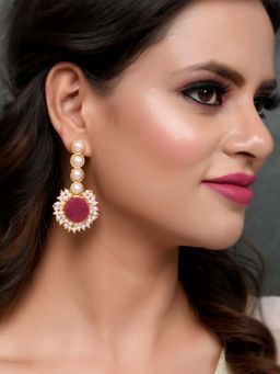 Silvermerc Designs - Gold Plated Red Stone Studded Pearl Beaded Drop Earrings
