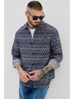 Snitch - Navy Jacquard Relaxed Fit Shirt