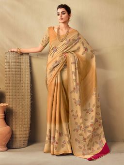 Odette - Womens Tussar Silk Beige Printed Saree with Unstitched Blouse