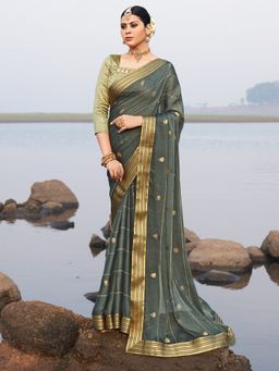 Akhilam - Women Chiffon Grey Embellished Celebrity Saree with Unstitched Blouse