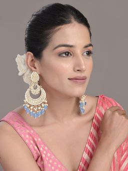 Designbox - Gold Tone Kundan & Blue Stone Statement Chand Bali Earrings