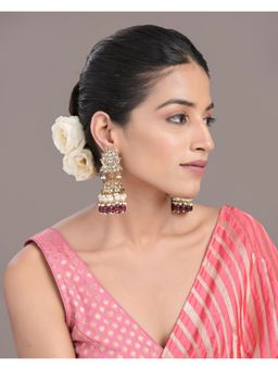 Designbox - Gold Tone Kundan & Magenta Stone Jhumka Earrings