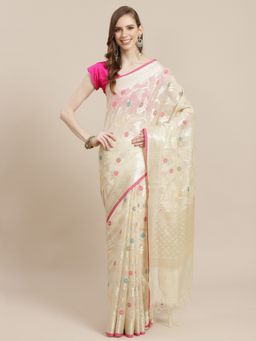 Banarasi Silk Works - Masrise Cotton Woven Saree Beige with Unstitched Blouse