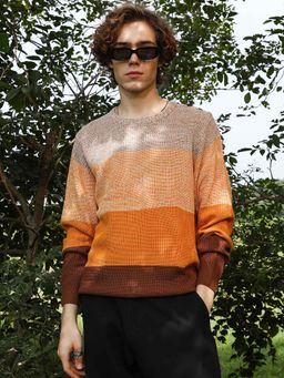 Campus Sutra - Men's Pumpkin Orange and Chocolate Brown Contrast Panel Pullover Sweater