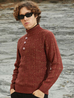 Campus Sutra - Men's Terracotta Red Heathered Cable-Knit Sweater
