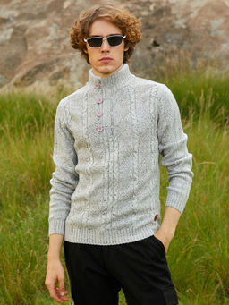 Campus Sutra - Men's Grey Heathered Cable Knit Sweater
