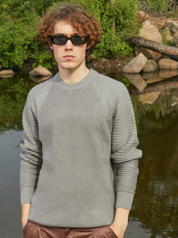 Campus Sutra - Men's Sage Green Self-Raglan Knit Pullover Sweater