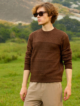 Campus Sutra - Men's Umber Brown Textured-Knit Pullover Sweater