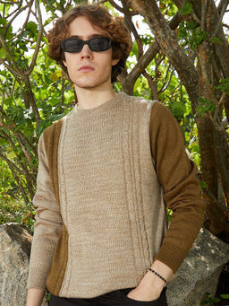 Campus Sutra - Men's Sand Beige and Russet Brown Contrast Panel Pullover Sweater