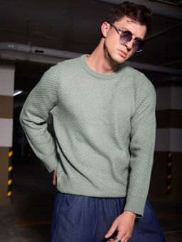 Campus Sutra - Men's Sage Green Textured Knit Pullover Sweater