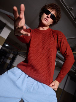 Campus Sutra - Men's Red Mesh-Knit Pullover Sweater
