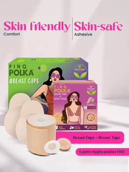 Pinq Polka - Breast Lift Cups Nude C-D Cup size (1 Pair) with 1 Boob Tape & Free Nipple Pasties (11 Pcs)