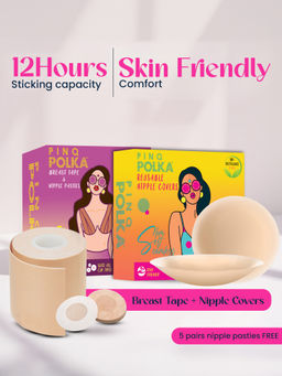 Pinq Polka - Reusable Nipple Covers Nude (1 Pair) with Boob Tape Nude (1Pc) & 10 Free Nipple Pasties
