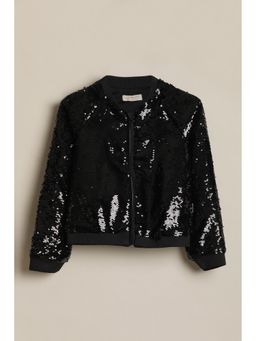 Allen Solly - Girls Black Sequinced Embellished Bomber Jacket