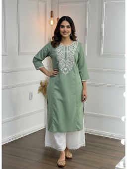 BulBul - Women Green Cotton Flex Kurta with Pant (Set of 2)