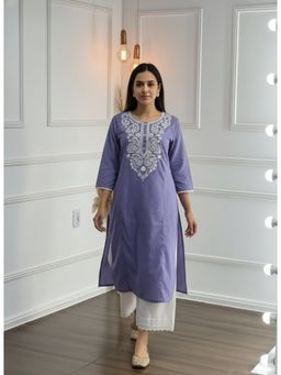 BulBul - Women Purple Cotton Flex Kurta with Pant (Set of 2)