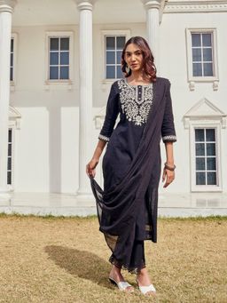 BulBul - Samantha Cotton Black Kurta and Pant with Dupatta (Set of 3)