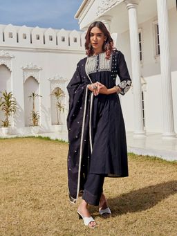 BulBul - Abhilasha Cotton Black Kurta and Pant with Dupatta (Set of 3)