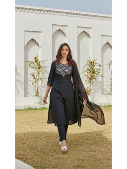 BulBul - Maryam Black Cotton Kurta and Pant with Dupatta (Set of 3)