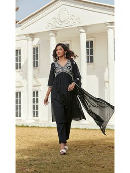 BulBul - Akanksha Black Cotton Kurta and Pant with Dupatta (Set of 3)