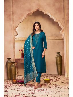BulBul - Adab Muslin Teal Kurta and Pant with Dupatta (Set of 3)