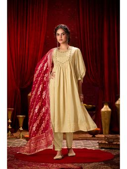 BulBul - Gayatri Muslin Beige Kurta and Pant with Dupatta (Set of 3)