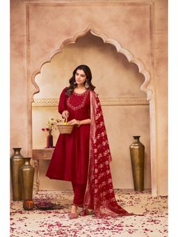 BulBul - Gayatri Muslin Red Kurta and Pant with Dupatta (Set of 3)