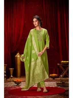 BulBul - Nafisa Muslin Green Kurta and Pant with Dupatta (Set of 3)