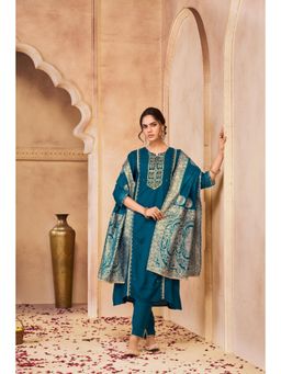 BulBul - Nafisa Muslin Teal Kurta and Pant with Dupatta (Set of 3)