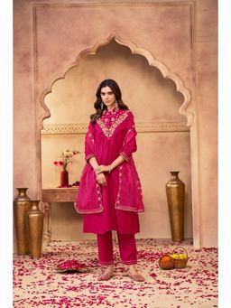 BulBul - Himawari Muslin Red Kurta and Pant with Dupatta (Set of 3)