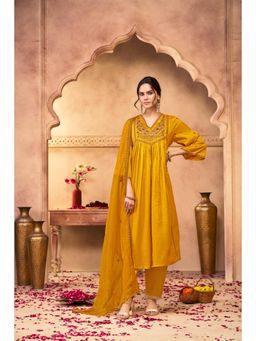 BulBul - Praniti Muslin Mustard Kurta and Pant with Dupatta (Set of 3)