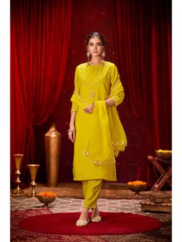BulBul - Roshni Muslin Yellow Kurta and Pant with Dupatta (Set of 3)
