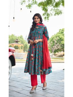 BulBul - Blue and Red Cotton Floral Printed Kurta Set with Dupatta (Set of 3)