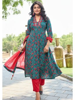 BulBul - Blue and Red Floral Printed Kurta Set with Dupatta (Set of 3)
