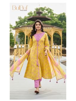 BulBul - Mustard and Purple Floral Printed Kurta Set with Dupatta (Set of 3)