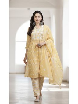 BulBul - Gulfam Cotton Beige and Off White Printed Kurta Set with Dupatta (Set of 3)