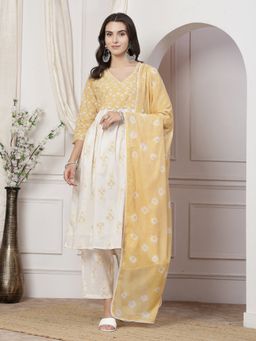 BulBul - Beige and Off White Floral Printed Kurta Set with Dupatta (Set of 3)