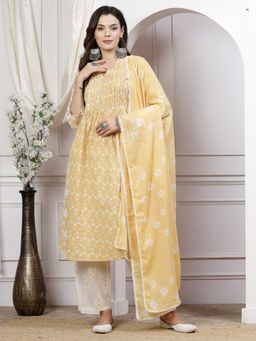 BulBul - Beige and Off White Floral Printed Cotton Kurta Set with Dupatta (Set of 3)