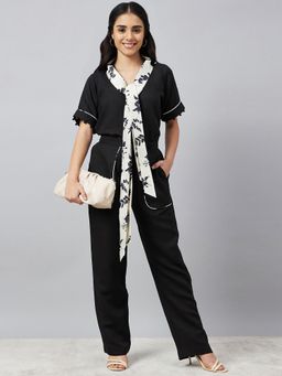 First Resort by Ramola Bachchan - Black And Ivory Linen Co-Ord (Set of 3)