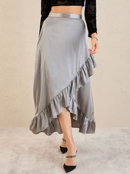 First Resort by Ramola Bachchan - Grey Satin Frill Midi Skirt