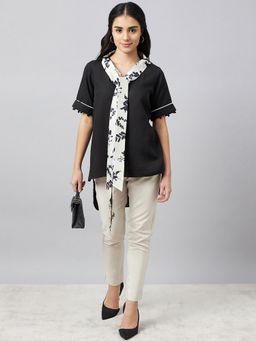 First Resort by Ramola Bachchan - Black And Ivory Linen Top With Belt (Set of 2)