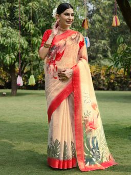 Akhilam - Women Soft Silk Beige Digital Print Designer Saree with Unstitched Blouse