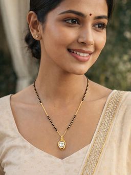 Digital Dress Room - Short Mangalsutra Design With Round Crystal Pendant And Black Beads For Women