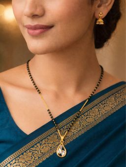 Digital Dress Room - Teardrop Diamond Pendant Short Mangalsutra For Women, Gold Tone Black Beads