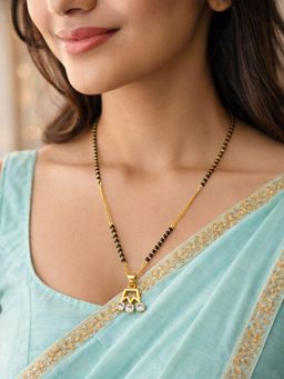 Digital Dress Room - Gold Plated Crown Pendant Short Mangalsutra Black Beads And Triple Stone Design