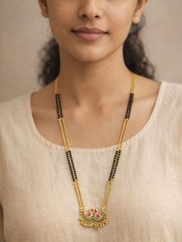 Digital Dress Room - Peacock Long Mangalsutra Design With Black Beads, Ruby Green Stone Gold Necklace