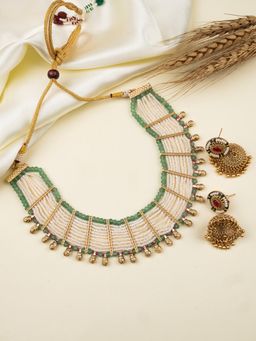 STILEADDA - Elegant White Beads Bandhai Choker Necklace with Earrings